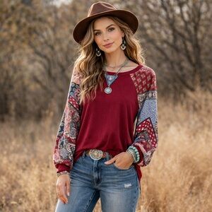 Emerald Burgundy and Patchwork Long Sleeve Top 07-0263